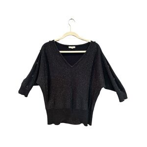 New York & Company Navy Metallic V-Neck 3/4 Sleeve Top